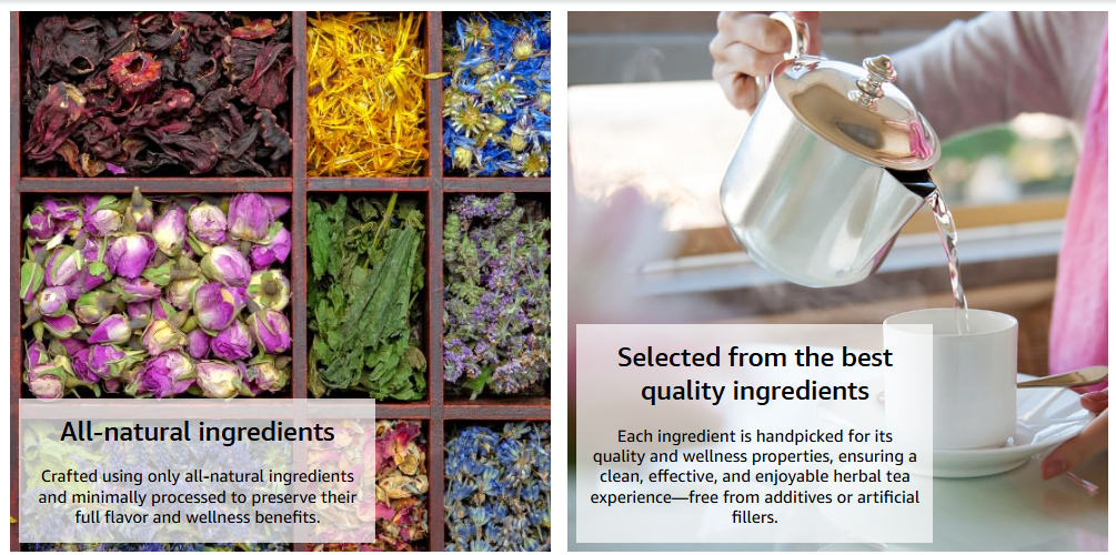 Herbal tea ingredients and a person pouring tea into a cup.